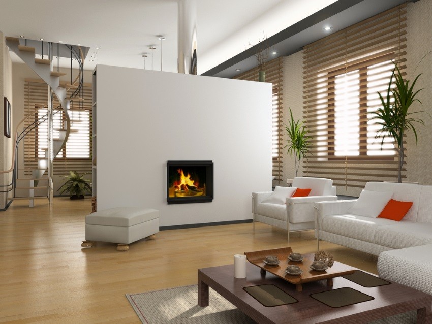 Living room with miniblinds and a fireplace