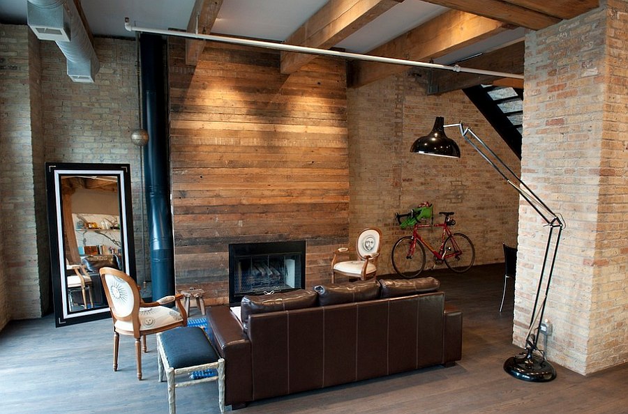 Living room with wood panels, exposed brick walls and interesting decor