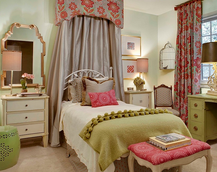 Lovely girls' bedroom with a birdcage in the corner [Design: McCroskey Interiors]