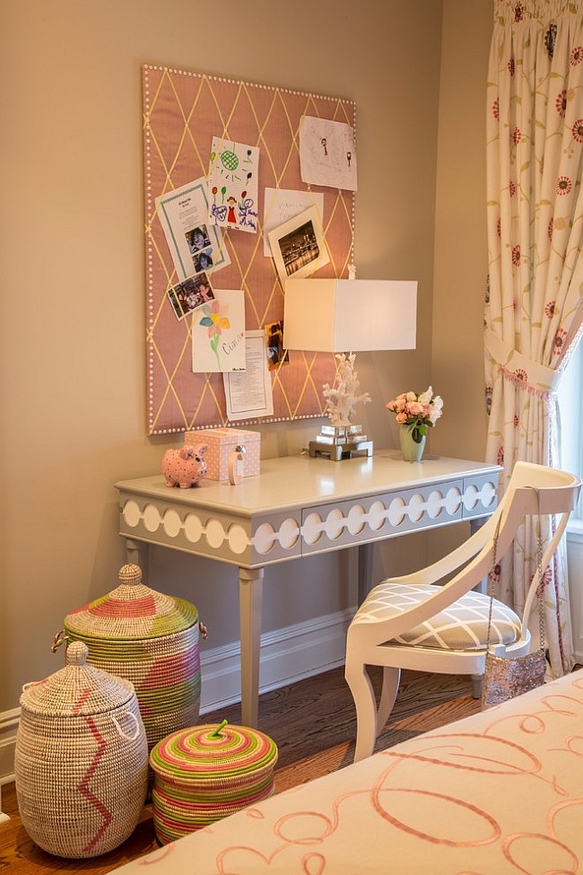 Lovely little desk in the girls' bedroom accentuates the feminine charm