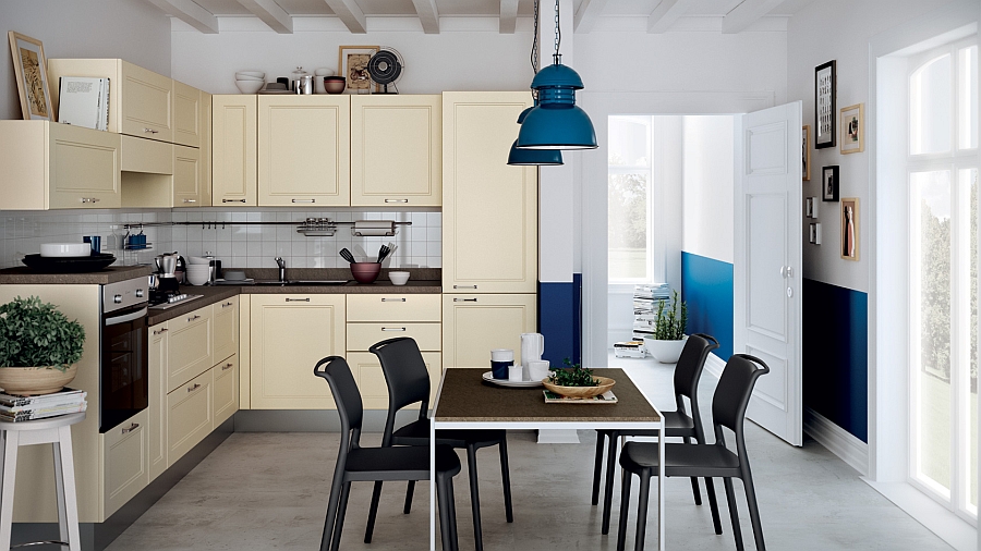 Lovely use of cream and bright blue in the kitchen and dining room