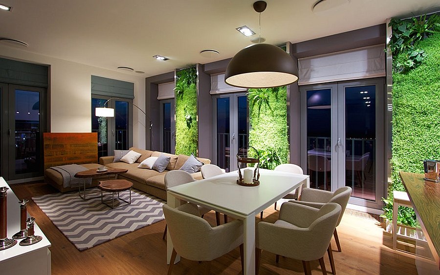 Luminous vertical gardens in the living room of the apartment