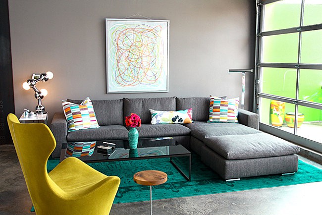 Modern living room with green overdyed rug