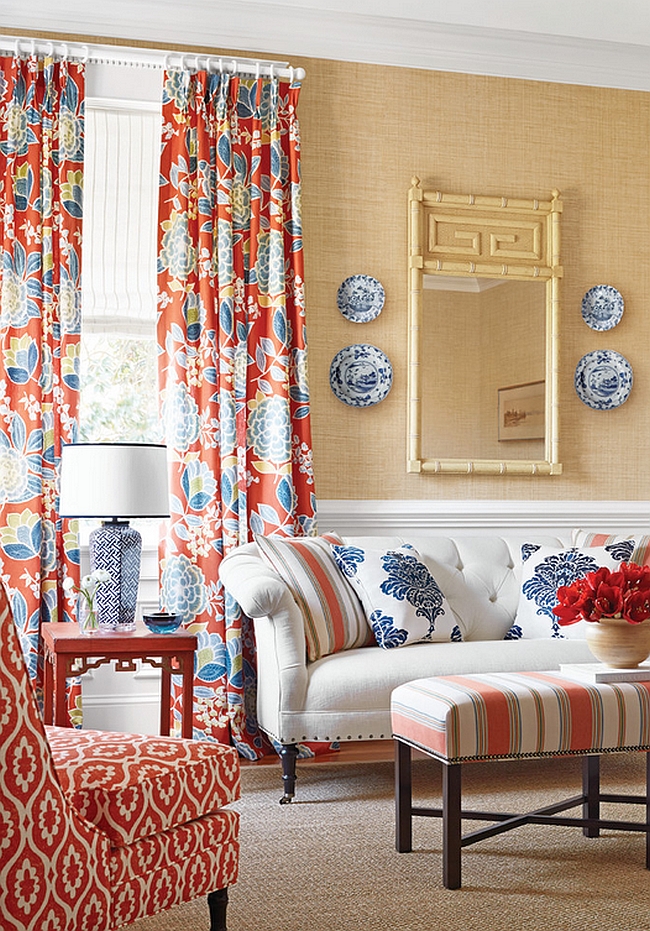 Natural wallpaper brings yellow to this living room