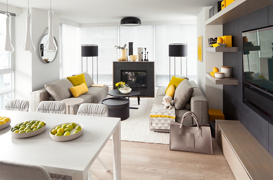 grey white and yellow living room