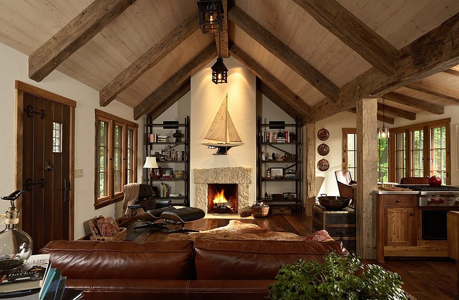 Oak timber ceiling beams and plaster walls shape this spacious living room