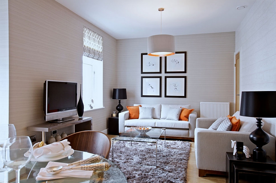 Pendant light adds subtle hint of orange to the living room