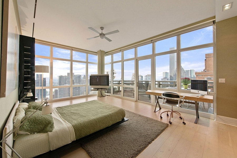 Penthouse bedroom with elegant use of green