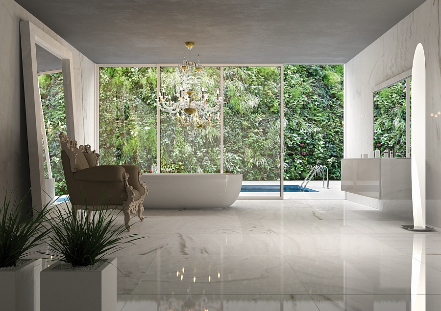 Pristine white natural stone steals the show in the bathroom