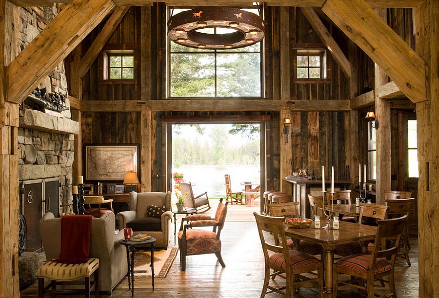 Reclaimed barn wood and stone shape the rustic living space