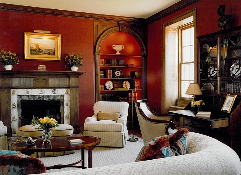 dark red walls living room