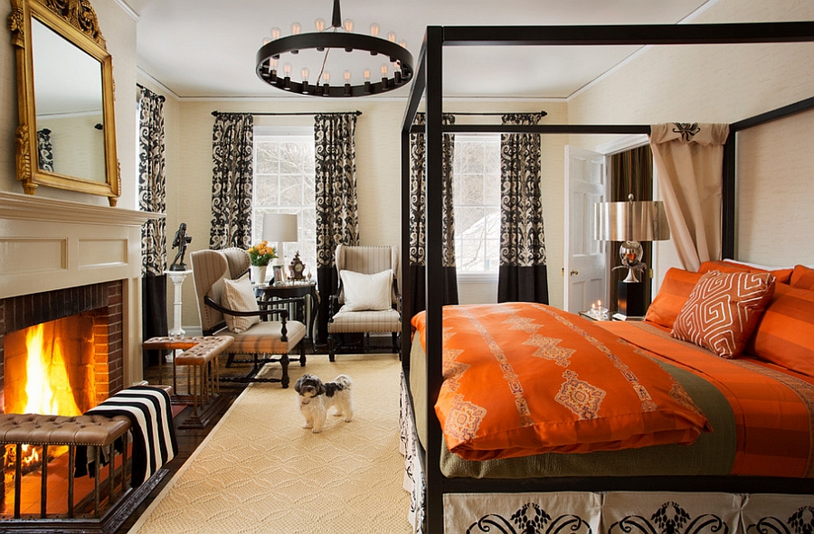 Rich array of textures and colors enliven the master bedroom [By: Favreau Design]