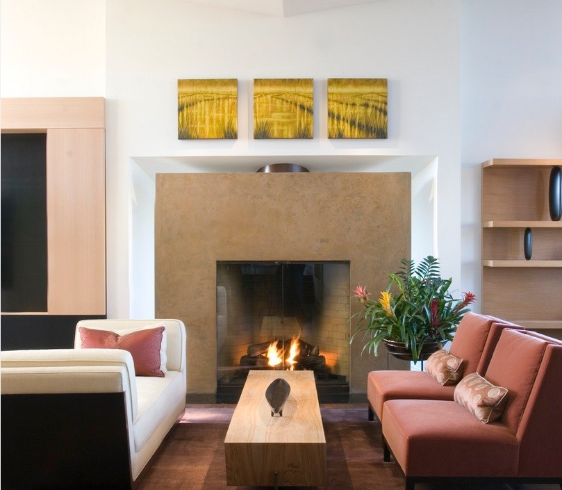 San Francisco family room with blush tones and a fireplace