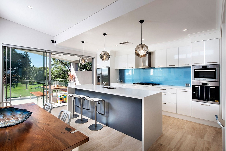 Sculptural pendant lights add unique style to the kitchen