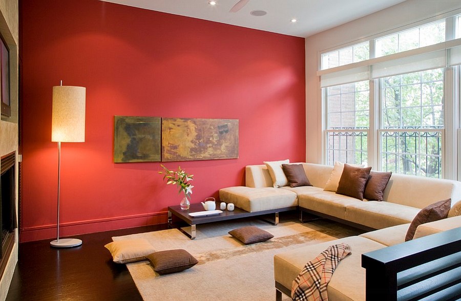 Semi-minimal living room with bold splash of red [By: FORMA Design]