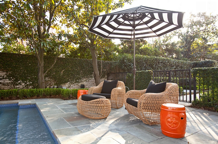 Smart patio with ceramic stools and comfy decor