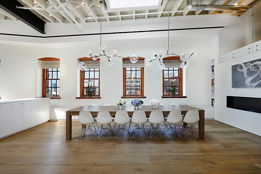 Sparkling chandelier lighting steals the show in the dining area