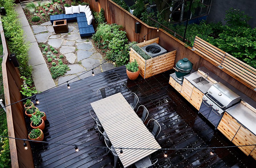 String lights add festive style to the contemporary deck [Design: New Eco Landscapes]