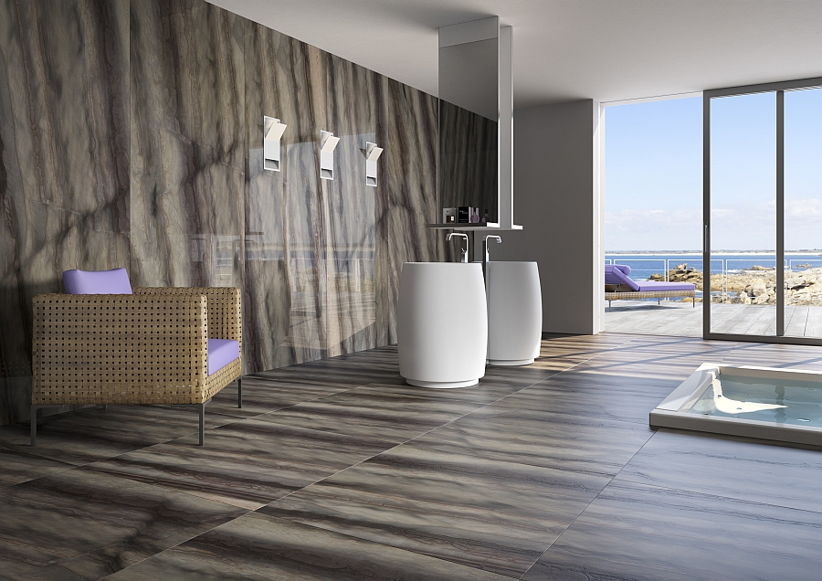 Stylish bathroom with natural stone surface in elegant brown