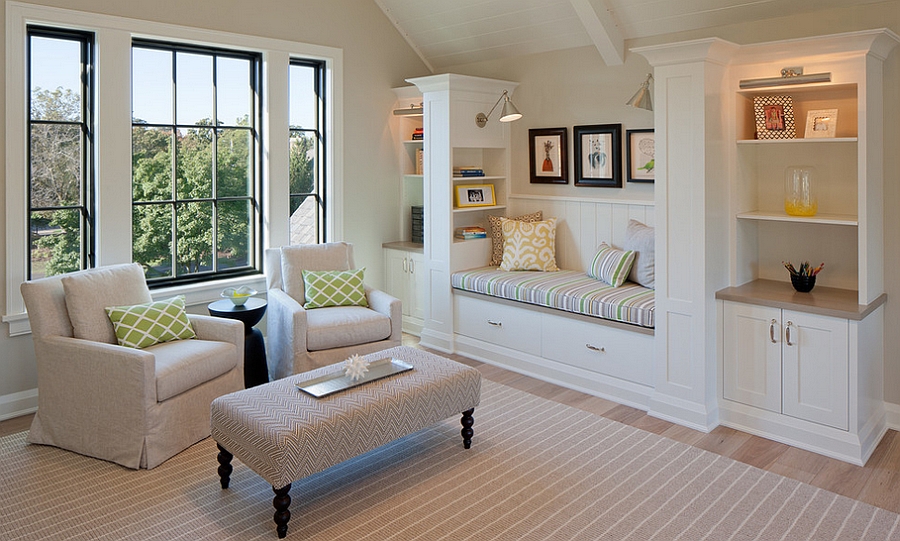 Stylish family room with a cozy bench in the corner [Design: Scott Christopher Homes/Surpass Renovations]