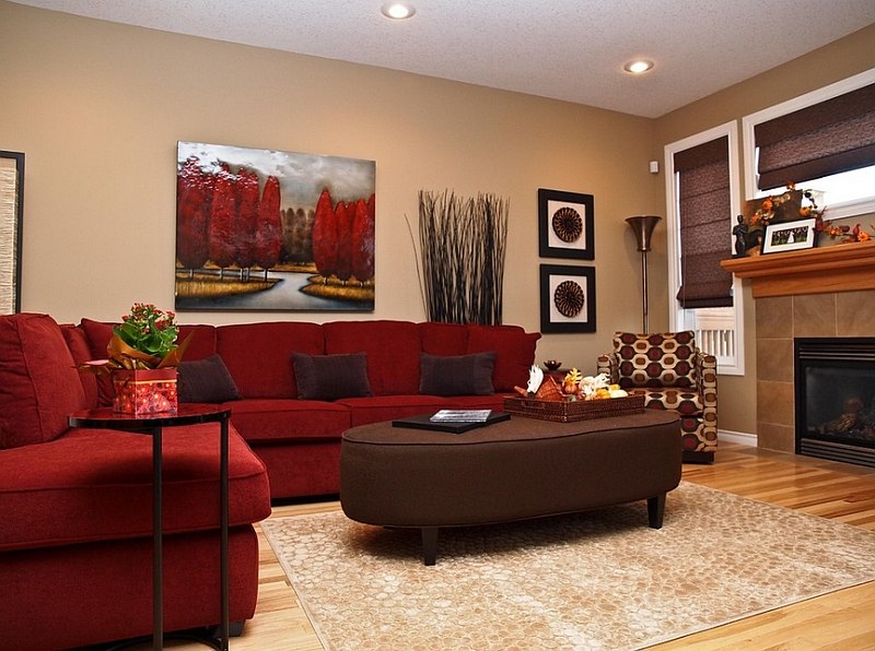 The red couch becomes an instant focal point in the room [Design: Willow Tree Interiors]