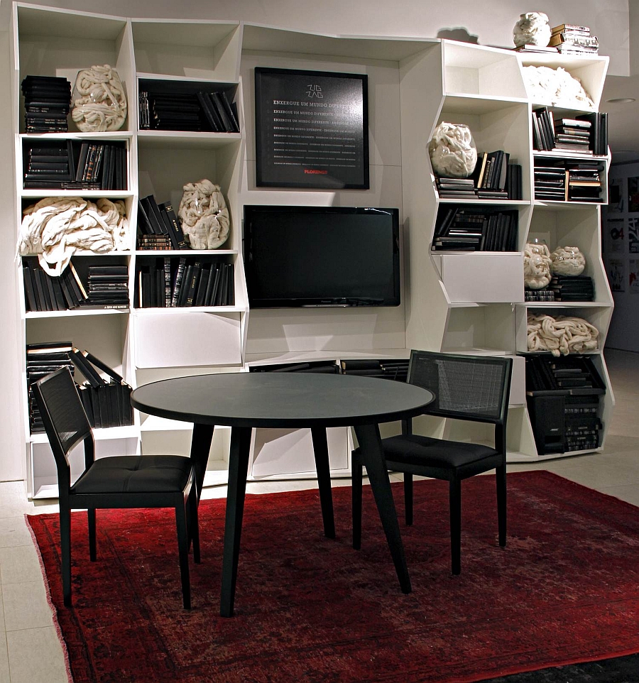 The zigzag bookshelf in the living room setting