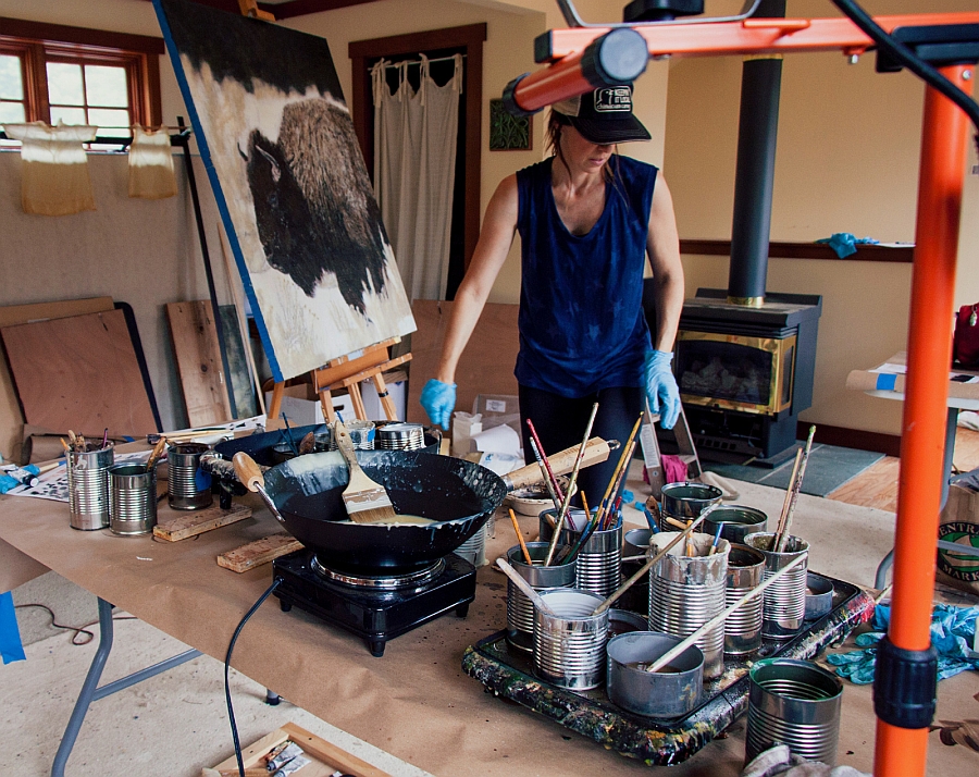 Theresa Stirling at work creating the Bison art piece