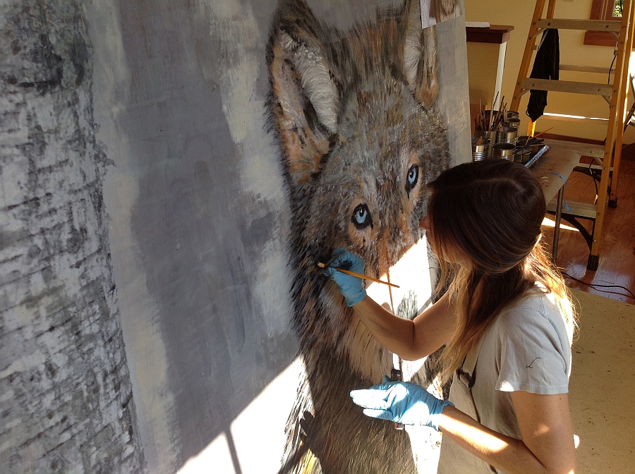 Theresa Stirling at work creating the captivating wolf art piece