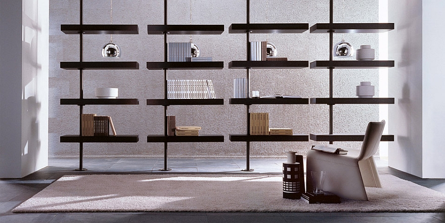 Thick oak shelves combined with metal rods to shape a snazzy wall unit