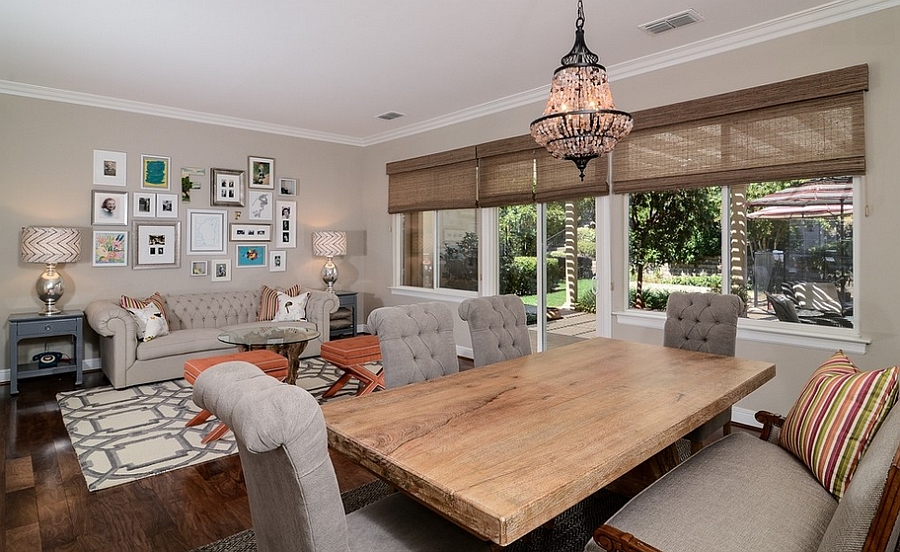 Trendy space combines the family room with dining area