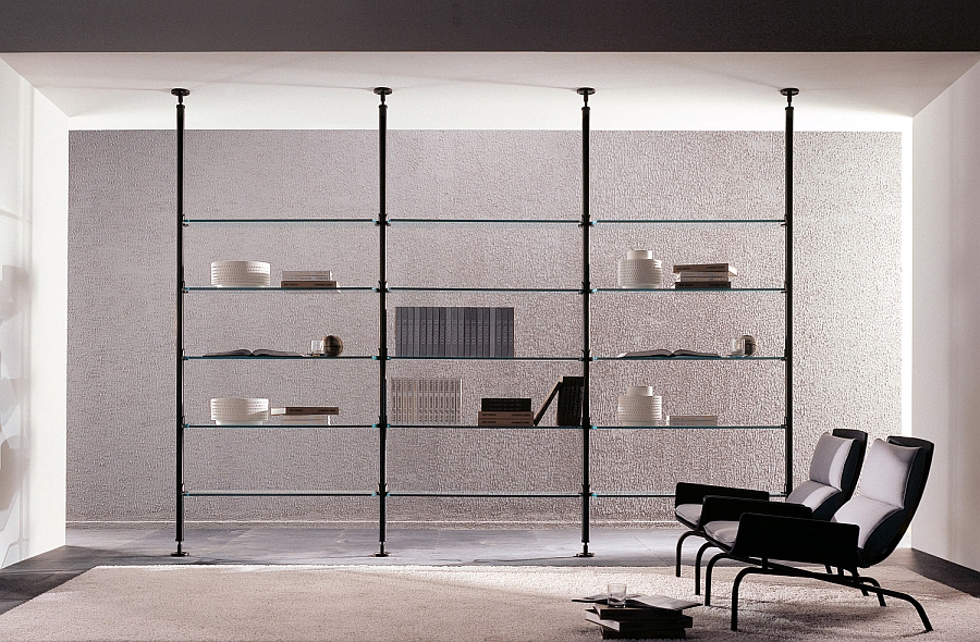 Ultra thin clear glass shelves disappear into the backdrop