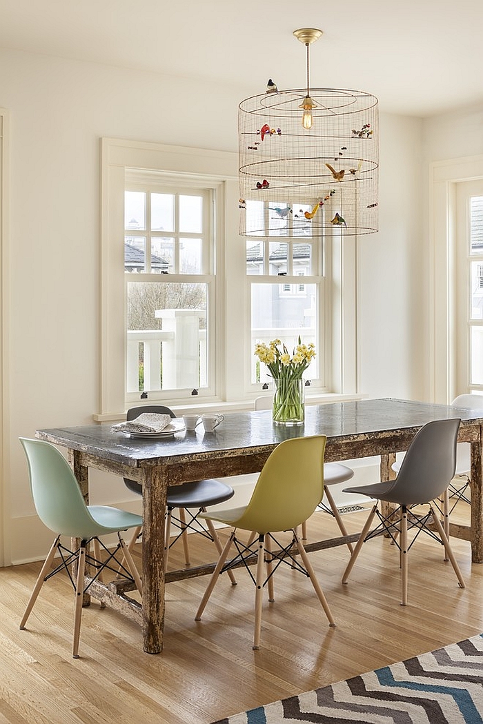 Unique birdcage pendant light in the dining room