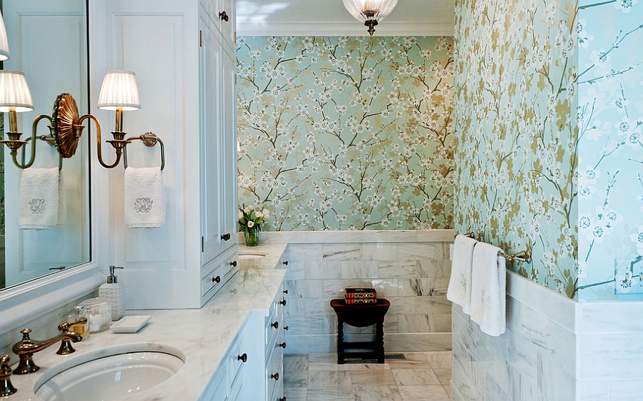 Wallpaper steals the show in this lovely master bath [Design: Leland Interiors]