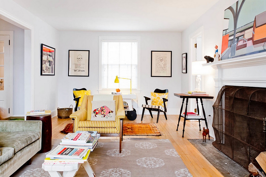 Yellow striped chair steals the show in the living room