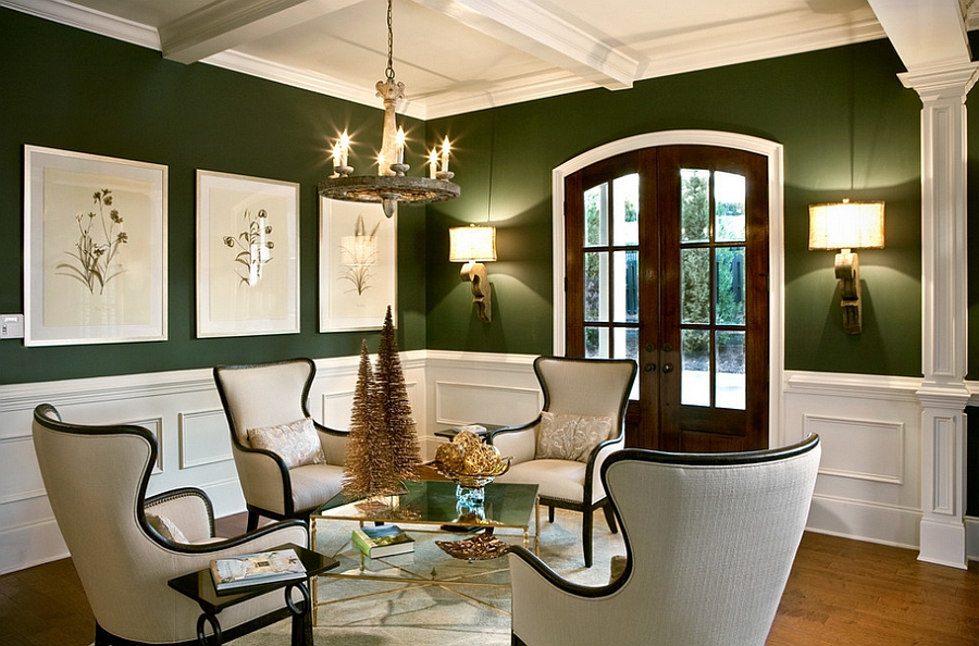 green and tan living room