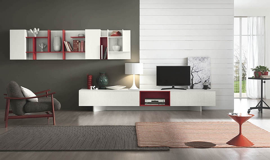 A splash of red in the white and gray living space