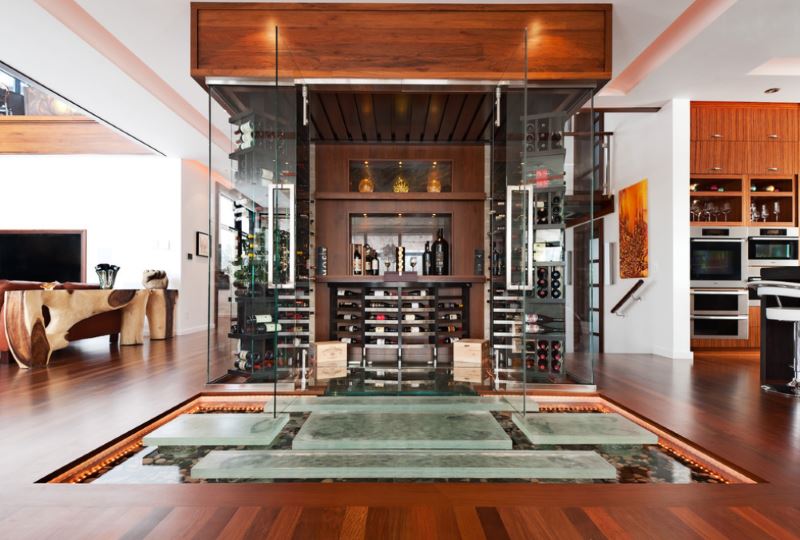 A wine cellar and indoor pond in a moder interior