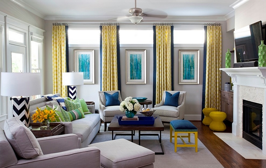 grey yellow and blue living room