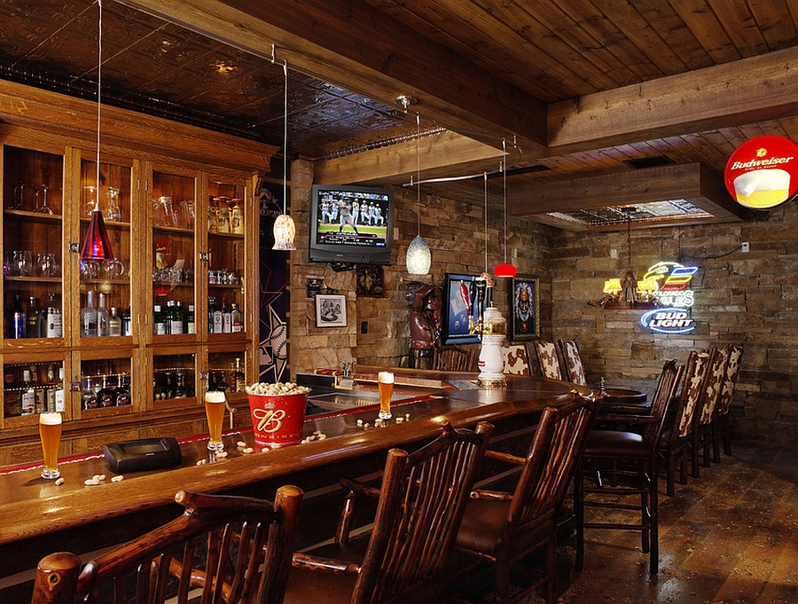 Add some neon lighting to the traditional basement bar