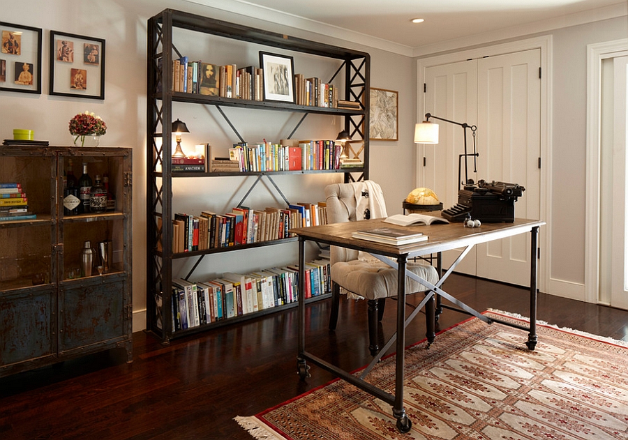 Aged look of the booksehlf and the decor adds to the industrial appeal of the home office