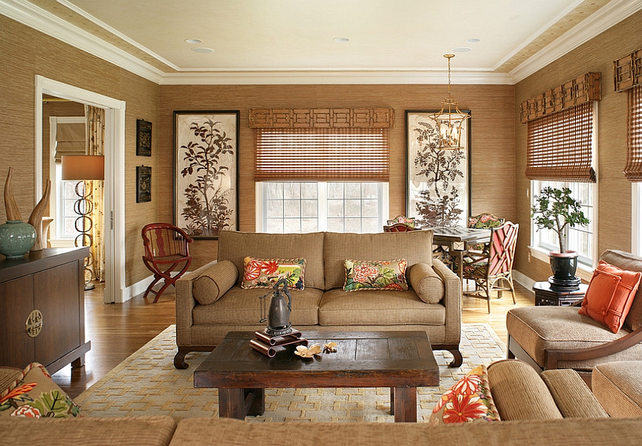 Asian inspired living room has a tranquil, organic appeal [Design: Lori Levine Interiors]