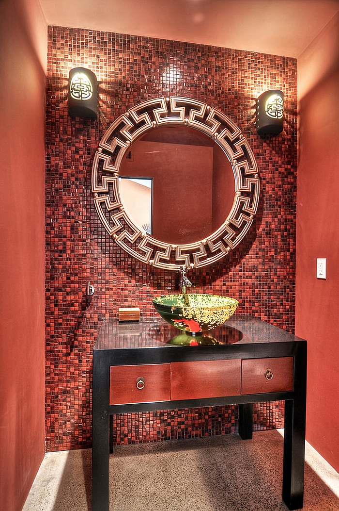 Asian style powder room in dazzling red