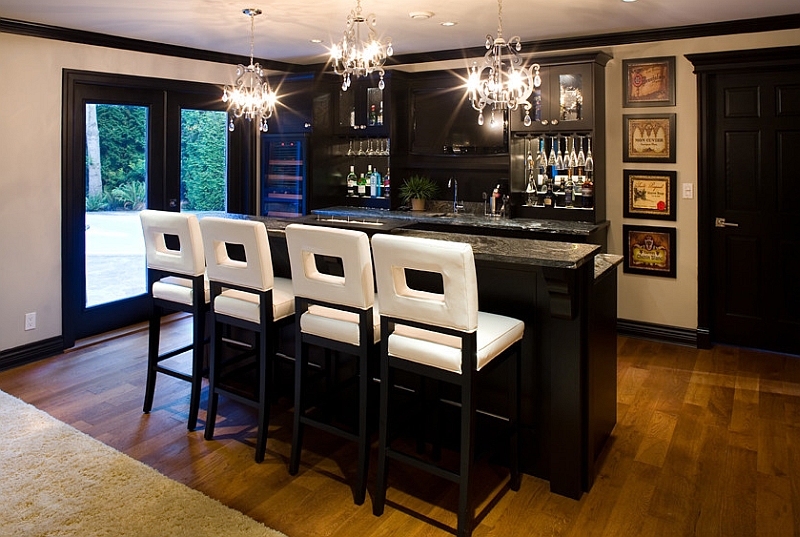 Bar stools bring brightness to the basement bar