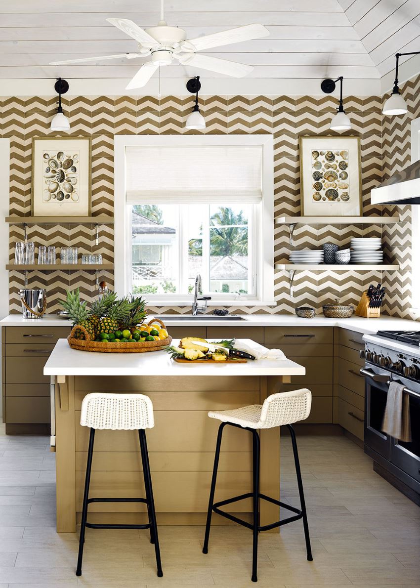 Beach house kitchen with modern open shelving