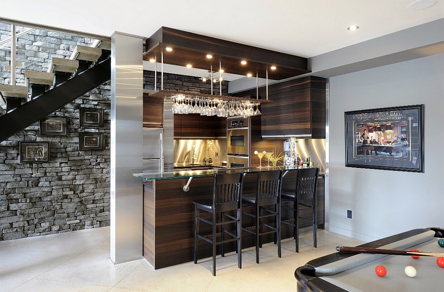 Beautiful basement bar makes use of space under the stairs [Design: Luxurious Living Studio]