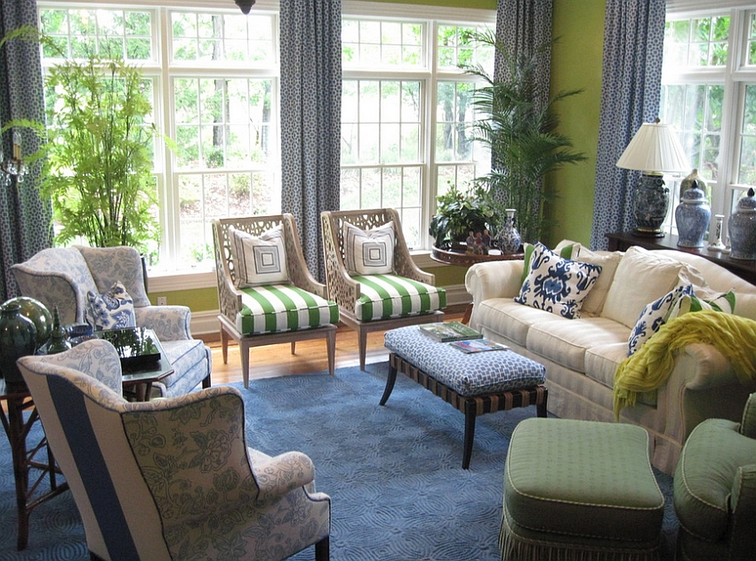 Blue Living Room Decorated With Green Plants