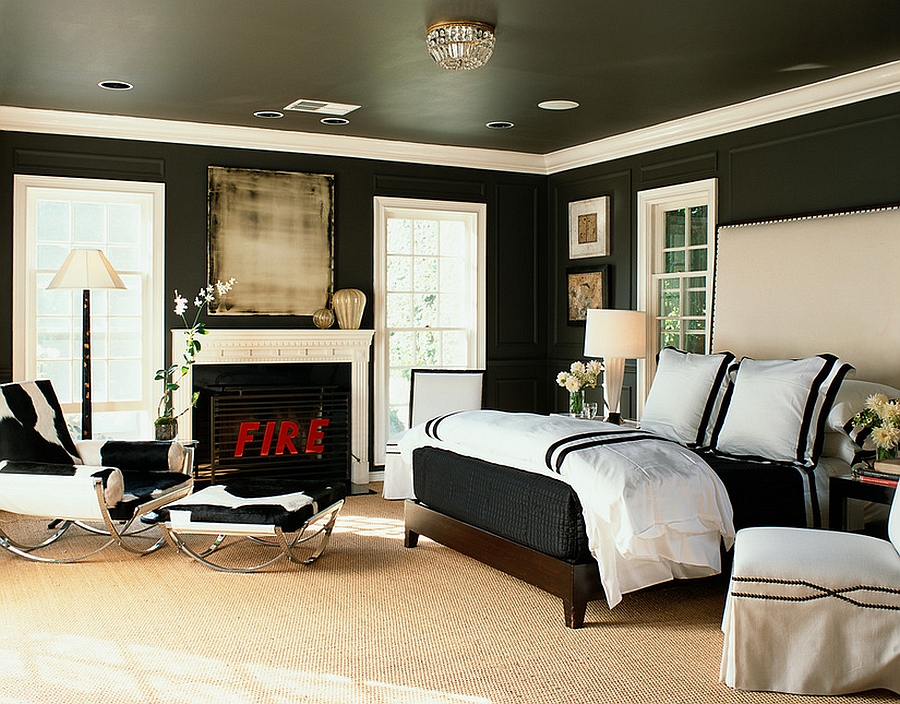 Bedroom looks light and airy despite the use of black