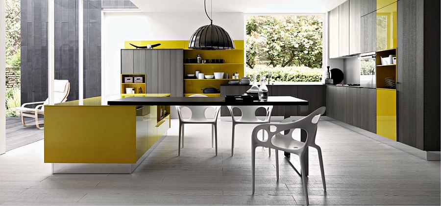 Bright pops of yellow in the stylish Italian kitchen