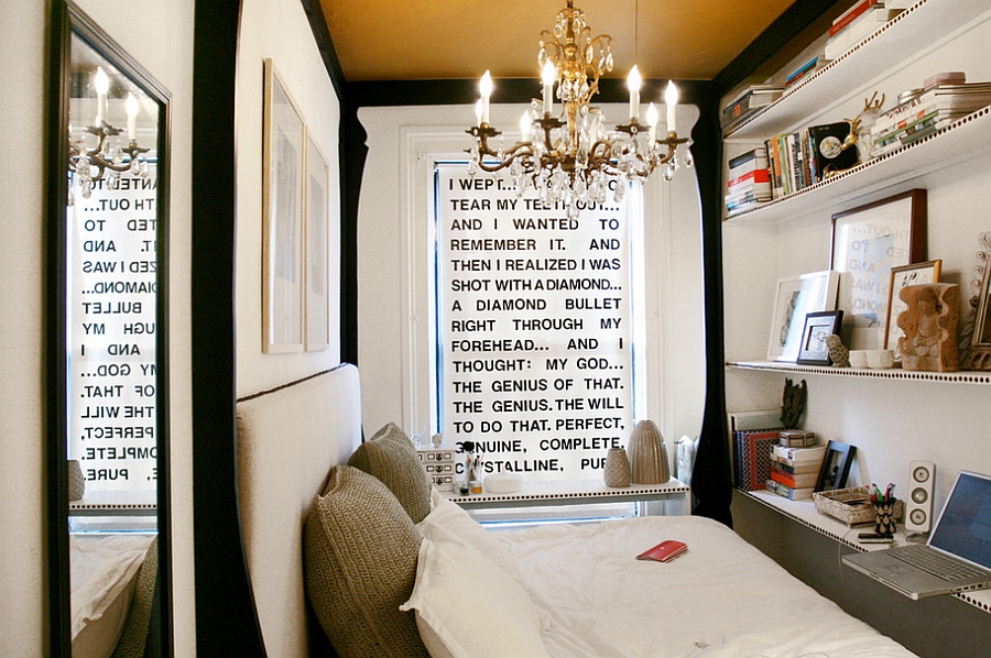 Brilliant use of space in a small, eclectic bedroom