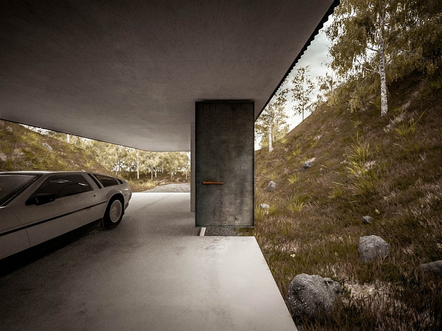 Cantilivered structure of the home offers both a driveway and parking space